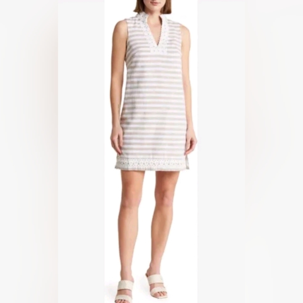 ELIZA J Linen Cotton Crochet Trim Striped Coastal Shift Dress | 12
